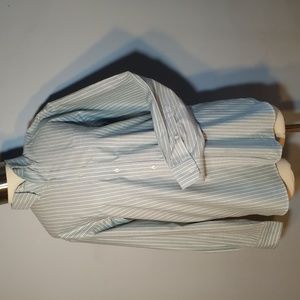 LAND'S END OXFORD L/S SHIRT M 15-15 1/2 Green w white stripe